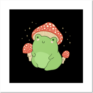 Cute Green Frog in Toadstool Hat, Chubby Cottagecore Aesthetic Frogge Posters and Art